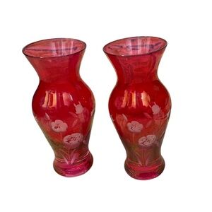 Vintage Iridescent Cranberry Cut Glass Vase Made in Slovakia,‎ Set Of 2